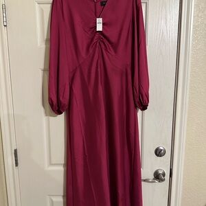 Banana Republic Red Gown with Bishop Sleeves and V-Neck